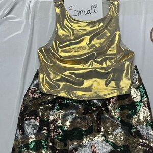 Gold Tank Top and Sequin Camo Skirt